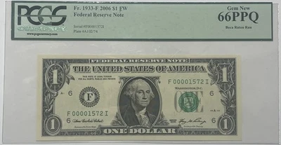 FR. 1933-F 2006 $1 FW FRN ATLANTA, GA LOWER SERIAL #1572 PCGS GEM UNC-66 PPQ - Image 1 of 2