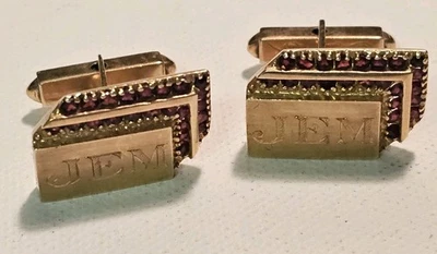 Gemelos Lucien Piccard de oro amarillo de 14 k con piedras preciosas rojas con monograma de 16 gramos Foto 1 de 4