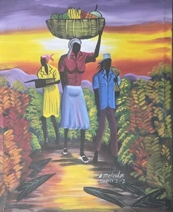 2012 Signed Malcolm Jamaica Caribbean Naif Black Folk Art Painting - Picture 1 of 5