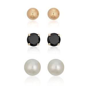 AVORA 10K Yellow Gold Polished Ball, Freshwater Pearl and Black Cubic Zirconia - Picture 1 of 7