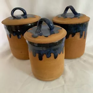 Anspach Terracotta Indigo Canister Set of Three Signed & Numbered Pottery W/Lids - Picture 1 of 17