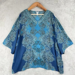 Catherines Crinkle Blouse Womens 2X P Blue Paisley Sequins Sheer Boho Fairy - Picture 1 of 10