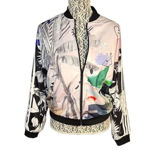 Adidas/farm rio colab Womens Floral Graphic Bomber Jacket Trefoil Logo Design Ri - Picture 1 of 8
