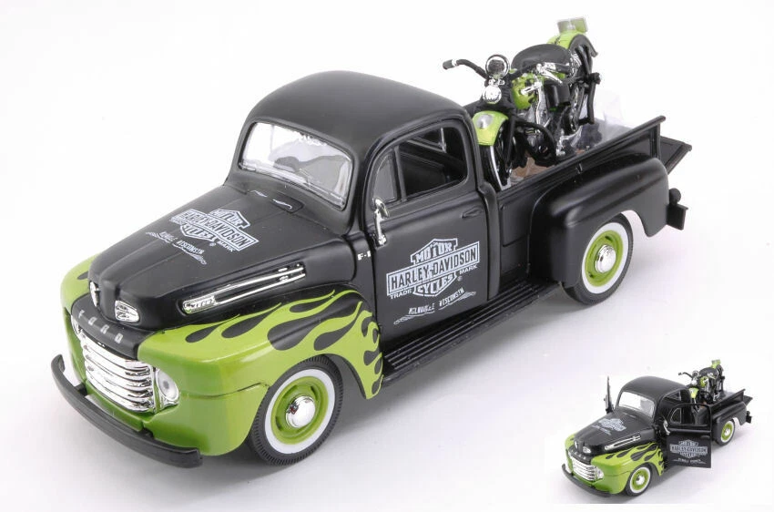 Ford F1 Pick Up 1948 w/ Harley Davidson FL Panhead Black / Green 1:24 Model - Immagine 1 di 1