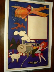 Altes Poster Litho Spielzeug Flugzeug Zug fliegender Hirsch Puppe Doll Flugzeug tragen - Bild 1 von 2