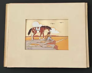 Mid Century Siebdruck "Waste Land" von Navajo Künstler Thun Povi Mann Pferd - Bild 1 von 5