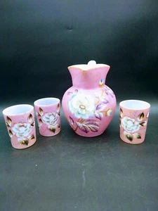 Victorian Blown Satin Glass Enameled Water Set Pitcher Tumblers Flowers - Picture 1 of 16
