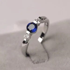 Round Cut Sapphire Diamond Trilogy Wedding Engagement Ring 14k White Gold Finish - Picture 1 of 9