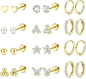 14K Gold Plated Earring Set for Women Huggie Hoop Stud Hypoallergenic Stainless - Picture 1 of 6