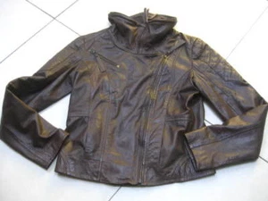 Ladies NEXT LEATHER JACKET 12 bomber biker blue lining brown real aviator flying - Picture 1 of 12