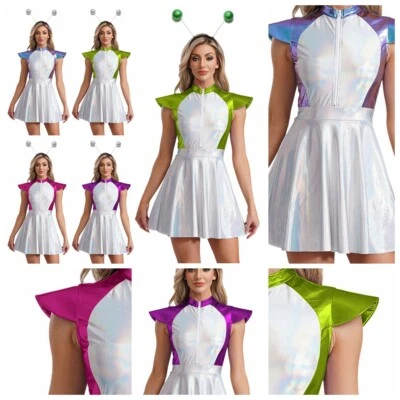 DE Freebily Damen Alien Kostüm Space Outfit Glitzer Kleid Metallic Halloween - Bild 1 von 4