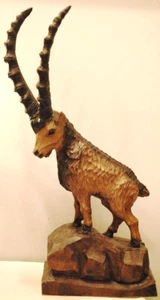 Antique BLACK FOREST Hand Carved Sculpture IBEX CHAMOIS Linden Wood Signed 15" - Picture 1 of 24
