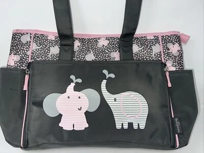 Bolsa de pañales temática Baby Boom Elephant rosa gris bolsillos para biberón con almohadilla cambiadora Foto 1 de 4