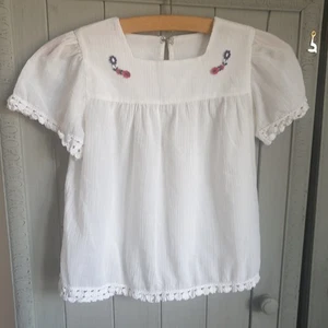Vtg White Crop Top Sz XS Floral Embroidery Smock Retro 70s - Picture 1 of 5