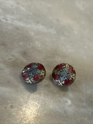 Set 2 Antique Tiny 3/8" Enamel Buttons Cloissone? - Image 1 of 4