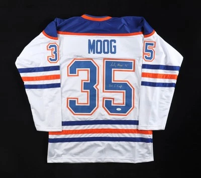Andy Moog Signed Edmonton Oilers Inscribed "3x S. Cup" White Jersey (JSA COA) - Image 1 of 4