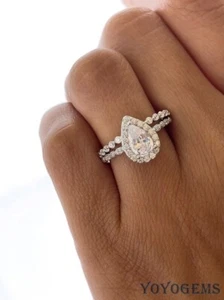 Solid 14K White Gold Moissanite Bridal Set Engagement Ring 2.50 Carat Pear Cut - Bild 1 von 8