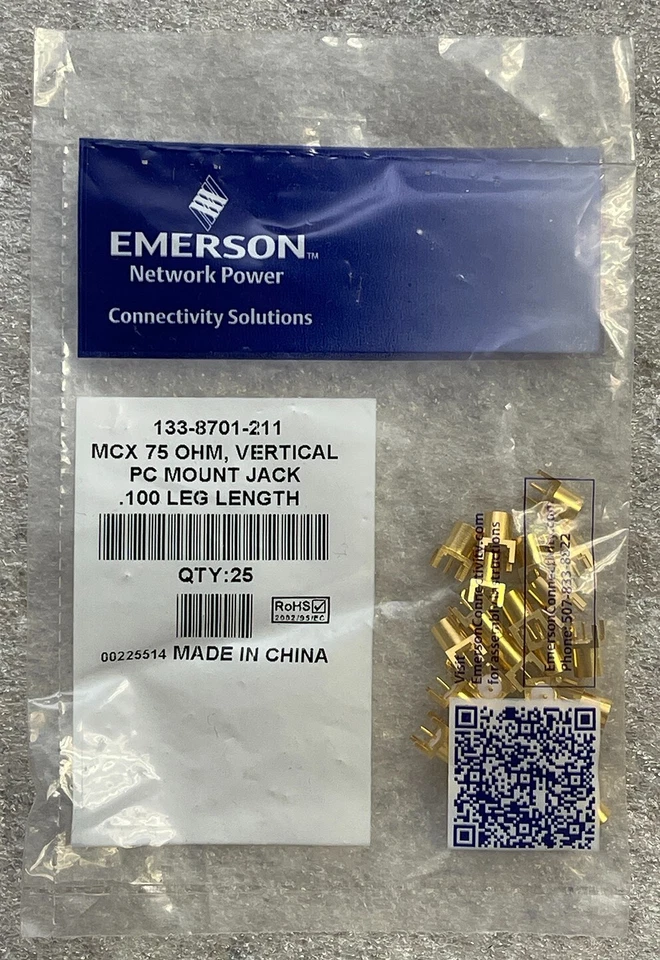 New Lot of 25x Emerson MCX 75 OHM Vertical PC Mount Jack Emerson 133-8701-211 - Image 1 of 2
