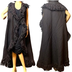 Vintage Handwoven Cloak One Size WoolOpen Draped Fringe Brown Black Mexico - Picture 1 of 11