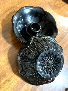 Indiana Glass Candle Holders: Black Tiara Daisy Monarch Pattern - 2 - 1970's - Picture 1 of 5