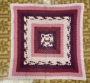 Vintage Handmade Pink Burgundy Square Afghan Blanket 44 x 43 - Picture 1 of 4