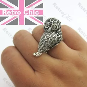 JET CRYSTAL LARGE BIRD RING art deco STATEMENT vintage silver/black rhinestone - Picture 1 of 6