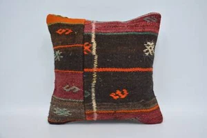 Kilim Pillow, 16"x16" Brown Cushion Case, Antique Pillows, Kilim Pillows - Picture 1 of 6