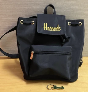 HARRODS Knightsbridge Black Gold Nylon Canvas Backpack Purse Bag & Keychain EUC - Picture 1 of 14