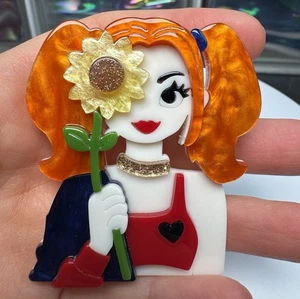 Retro Acryl Brosche Pin Anstecknadel Frau Mädchen Kopf Sonnenblume 6 cm - Bild 1 von 4