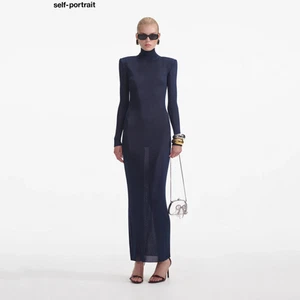 Self-Portrait Viscose Knit Maxi Dress Navy Blue Long Sleeve Stretch Size M BNWT - Imagen 1 de 5