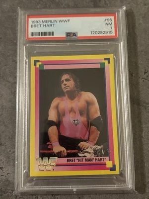 Merlin WWF Bret Hitman Hart #95 1993 PSA 7 Pop 3 cartas ninguna superior lucha libre WWE Foto 1 de 2