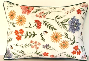 Flower Blooms In Red, Orange, Blue, Purple, Green, Chenille Tapestry Pillow New - Picture 1 of 8