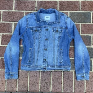 Old Navy Womens Size Large Jean Jacket Blue Denim Button Up Long Sleeve Trucker - Picture 1 of 6