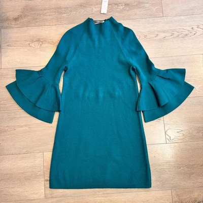 Nuevo con etiquetas Vestido Suéter Tejido Manga Campana Cuello Simulado Verde Azulado Claudette XXS By Anthropologie Foto 1 de 4