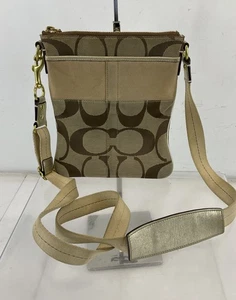Coach Khaki Brown Metallic Gold Signature Jacquard Crossbody Bag - Picture 1 of 5