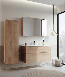 Badmöbel-Set: Spiegel, 100cm Schrank, Waschbecken, MESSINA Eiche ORKA Sockel - Bild 1 von 4