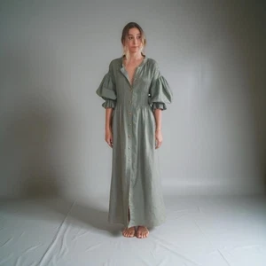 La Boheme Poppy Dress Khaki Green One Size VGUC Linen Blend  - Picture 1 of 11
