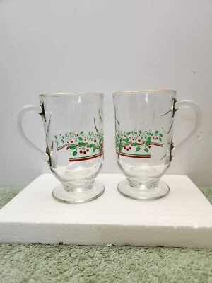 Винтажный Arby's Libbey Holly Berry ножки золотой ободок стекла Рождественская кружка комплект из 2 - Изображение 1 из 4