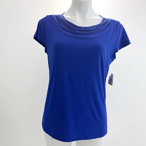 Kasper Cowl Neck Top BLOUSE MESIUM Short Sleeve Royal Blue Stretch Womens NWT - Picture 1 of 10