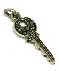 Small Sterling Silver 925 Marcasite Key Charm Pendant - Picture 1 of 4