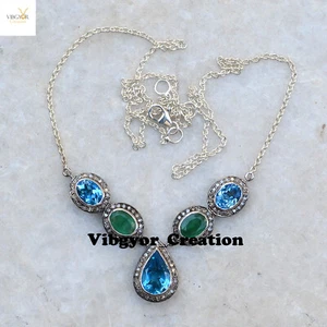 Collana Diamante Pavimentazione Pietra Preziosa Topazio Blu Smeraldo 925 Catena Maglia Argento 925 - Foto 1 di 4