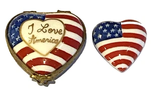 LIMOGES Frankreich PEINT MAIN Schmuckschatulle *I Love America* USA Flagge Herz Box-HP-NOS - Bild 1 von 8