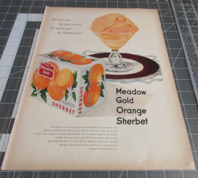 Sherbet naranja dorado Meadow 1950, anuncio impreso vintage Foto 1 de 3