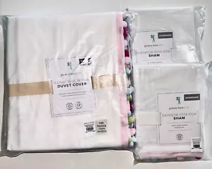 Pottery Barn Kids Girls Rainbow Pom Pom Duvet Cover Shams White Multi Full Queen - Picture 1 of 2
