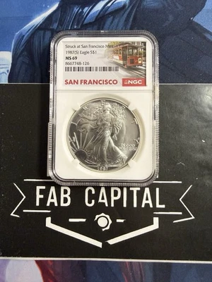 Silver Eagle 1987 (S) NGC MS69 acuñado en San Francisco etiqueta de carro como nuevo Foto 1 de 2