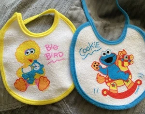 Sesame Street Big Bird Cookie Monster Vintage Baby Bibs Plastic Back Terry Tie - Picture 1 of 4
