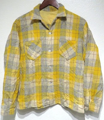 vtg YELLOW GRAY IVORY PLAID Wool Flannel Shirt MED 1960s Loop Collar 60s Buttons - Image 1 of 4