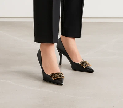 Roberto Cavalli Class Black Leather Pointed Toe Stiletto Pumps Gold Logo Buckle - Image 1 of 4