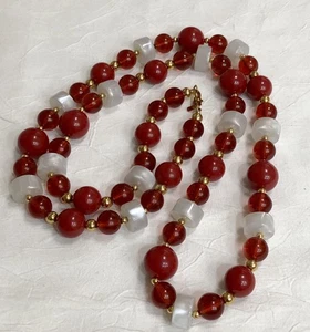 Vintage Monet Red, Gold, Clear/White Lucite Bead Statement Necklace 36” Signed - Picture 1 of 6
