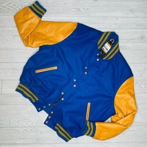 Varsity basic Bright Royal Body Bright Gold Leather Sleeves Letterman Jacket 2xl - Picture 1 of 8